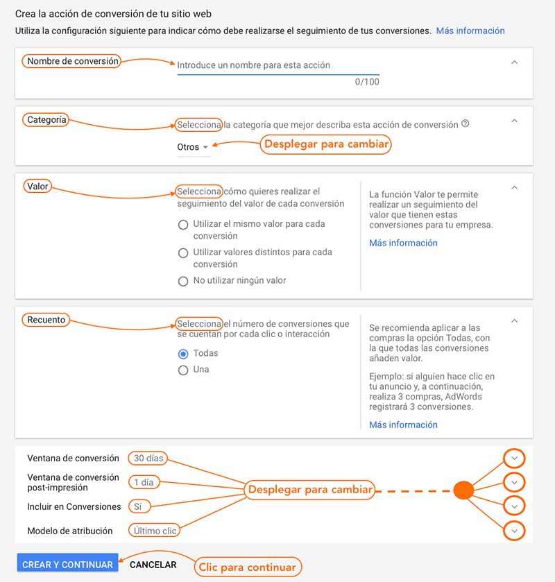 Crear Acciones de Conversión en la Nueva Experiencia de Adwords Acciones de conversión en Addwords