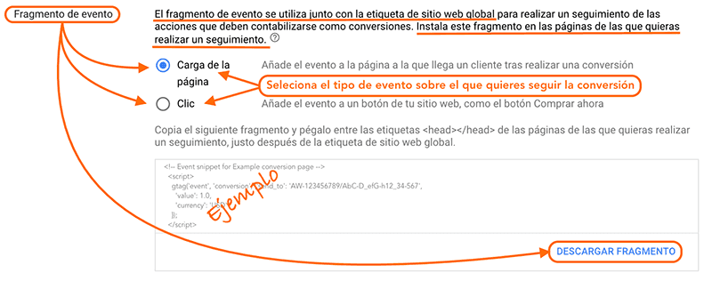 Descarga el código de la etiqueta de evento para hacer el seguimiento de conversiones en la nueva experiencia de Adwords Descarga etiqueta de evento para seguimiento de conversiones en Adwords