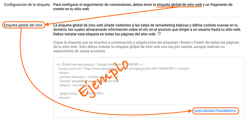 Como descargar la etiqueta global de conversiones de Adwords a instalar en toda la web Descargar etiqueta global de conversiones de Adwords
