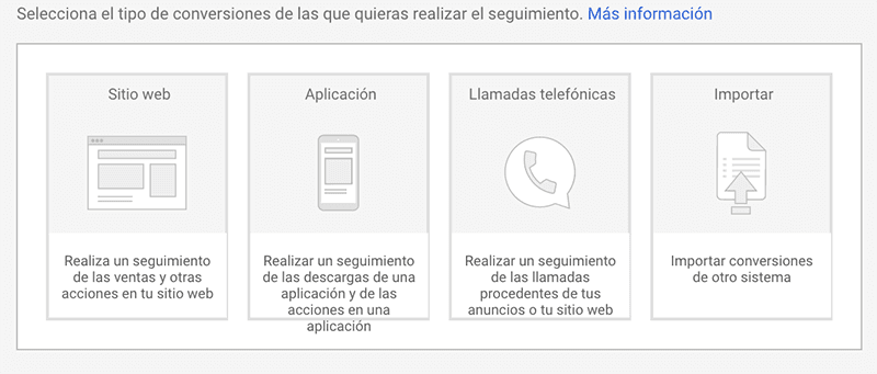 Selección de los diferentes tipos de conversión que se pueden configurar en adwords Tipos de conversiones para configurar en Adwords