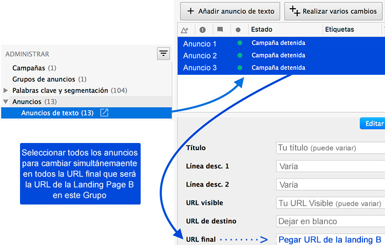 Cambiar URL final en los anuncios del Grupo B por la de la landing page B