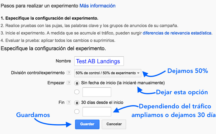Configurar Experimento test AB en campaña de Adwords