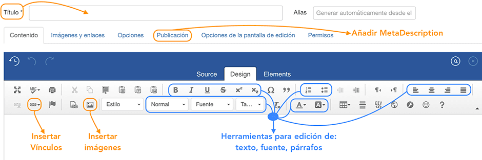 Descripción de las funciones del editor de Joomla para crear artículos con imágenes y texto y metadatos de SEO Funciones del editor de Joomla para crear artículos y SEO
