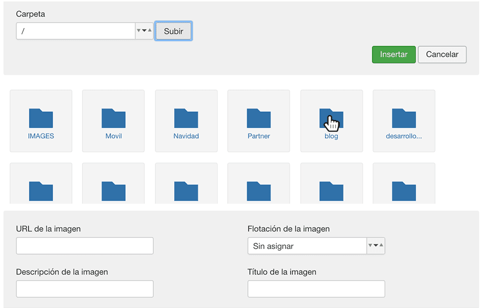 Interfaz de la función disponible en el CMS Joomla para la inserción, edición y etiquetado SEO de imágenes interfaz de la función insertar imágenes en Joomla