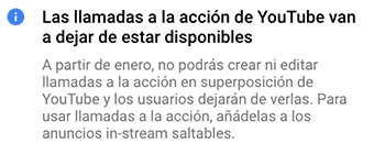 Aviso en Google Ads sobre la llamada a la acción en videos Youtube