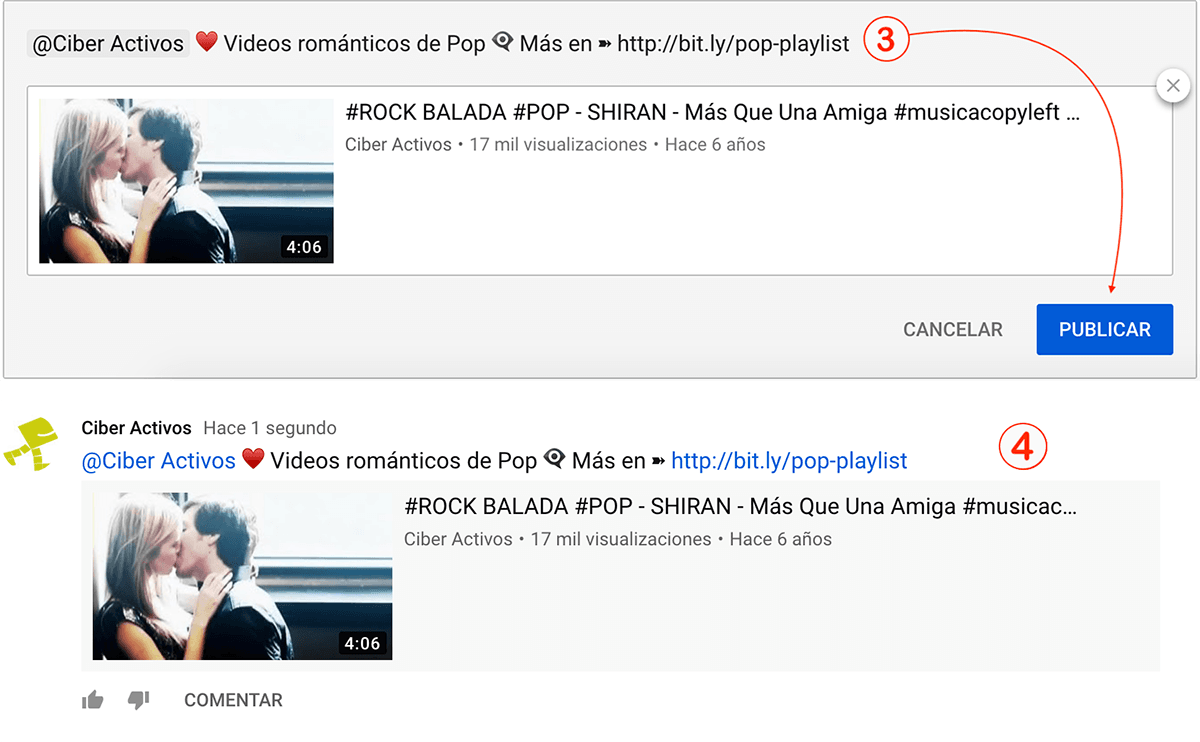 Post con video, mensaje de texto, links y emojis en Publicaciones de la Comunidad de un canal de Youtube Publicación con video, mensaje de texto, enlaces y emojis en la Comunidad de un Canal de Youtube