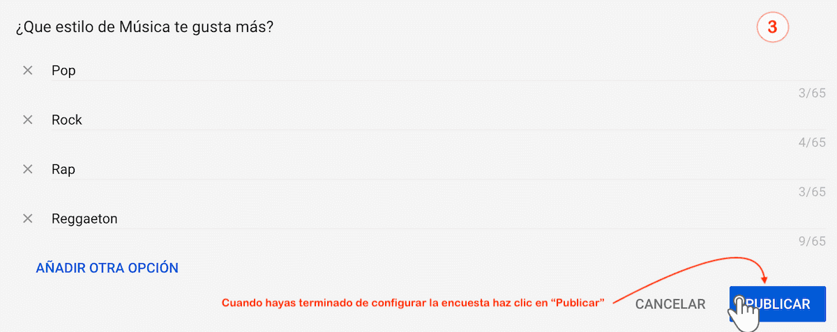 Encuesta preparada para publicarse en Youtube con pregunta y opciones de respuesta Pregunta y respuestas de una encuesta en Canal de Youtube